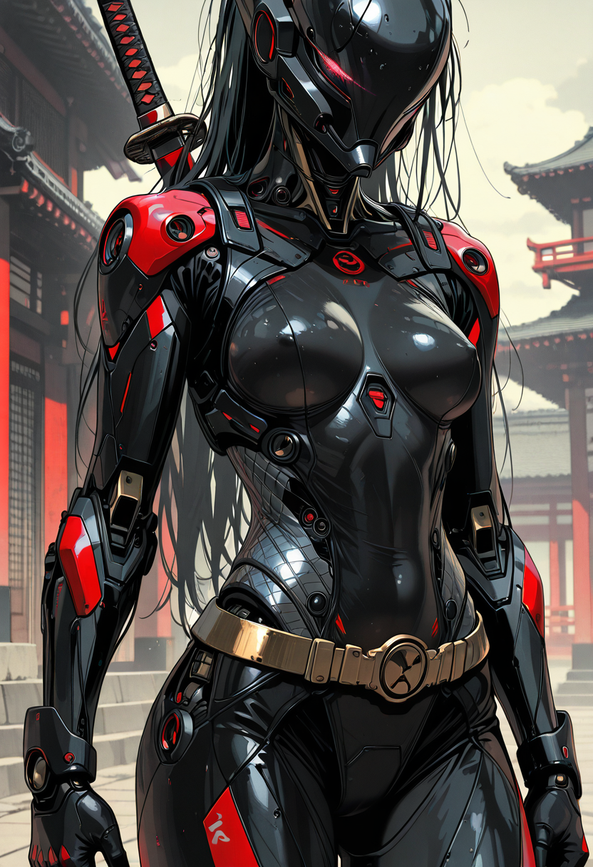 1girl, detailed eyes, (pretty face), (detailed face), (slender, lean, fit, athletic:2), rating_explicit, rating_nsfw, (sexy), defined midriff, skindentations, medium breasts, (perfect body:2), photo-realistic, realistic skin, realistic textures, detailed skin, photorealistic, ultrarealistic, 8k, impossible clothing, hypersexualized, mature themes, inappropriate content, vulgar, obscene, nsfw, explicit, adult content, erotic, suggestive, intimate, provocative, A highly detailed digital illustration shoot from a frontal camera angle about a humanoid robot standing confidently in a traditional asian setting. the image also shows intricate mechanical details on the robot's body, including a helmet, armor, and a katana. on the middle of the image, a 1woman, who appears to be in her mid-twenties, with long black hair, is standing with her full body facing the viewer. she is wearing a black, shiny, metallic bodysuit with red accents and a gold belt with a circular buckle. her body is slim, with medium-sized breasts, and she has a serious expression on her face. her eyes are not visible, but her hair is styled in a long, flowing manner. her facial features are not clearly visible. she has no clothing or accessories on, but she is holding her katana in her right hand. the background features traditional japanese architecture with red pillars and a misty atmosphere. the overall aesthetic is futuristic and sci-fi. 1girl, weapon, sword, solo, black hair, long hair, katana, breasts, armor, belt, rating:sensitive, helmet, architecture, mechanical parts, cowboy shot, robot, science fiction, outdoors, building, standing, robot joints, arms at sides, cyborg, medium breasts, east asian architecture, sheath, bodysuit, cyberpunk, weapon on back, sheathed, rating:general, humanoid robot, holding weapon, mechanical arms, score_9, score_8_up, score_7_up, <lora:Sinozick_style:0.8> Sinozick_illu,gradient,spot color,  <lora:r-hrtdrp:.5>,  <lora:DetailerILv2:.5>, Jeddtl02