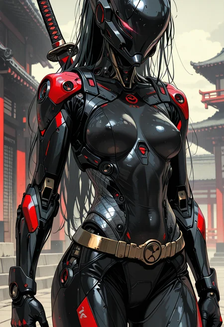 1girl, detailed eyes, (pretty face), (detailed face), (slender, lean, fit, athletic:2), rating_explicit, rating_nsfw, (sexy), defined midriff, skindentations, medium breasts, (perfect body:2), photo-realistic, realistic skin, realistic textures, detailed skin, photorealistic, ultrarealistic, 8k, impossible clothing, hypersexualized, mature themes, inappropriate content, vulgar, obscene, nsfw, explicit, adult content, erotic, suggestive, intimate, provocative, A highly detailed digital illustration shoot from a frontal camera angle about a humanoid robot standing confidently in a traditional asian setting. the image also shows intricate mechanical details on the robot's body, including a helmet, armor, and a katana. on the middle of the image, a 1woman, who appears to be in her mid-twenties, with long black hair, is standing with her full body facing the viewer. she is wearing a black, shiny, metallic bodysuit with red accents and a gold belt with a circular buckle. her body is slim, with medium-sized breasts, and she has a serious expression on her face. her eyes are not visible, but her hair is styled in a long, flowing manner. her facial features are not clearly visible. she has no clothing or accessories on, but she is holding her katana in her right hand. the background features traditional japanese architecture with red pillars and a misty atmosphere. the overall aesthetic is futuristic and sci-fi. 1girl, weapon, sword, solo, black hair, long hair, katana, breasts, armor, belt, rating:sensitive, helmet, architecture, mechanical parts, cowboy shot, robot, science fiction, outdoors, building, standing, robot joints, arms at sides, cyborg, medium breasts, east asian architecture, sheath, bodysuit, cyberpunk, weapon on back, sheathed, rating:general, humanoid robot, holding weapon, mechanical arms, score_9, score_8_up, score_7_up, <lora:Sinozick_style:0.8> Sinozick_illu,gradient,spot color,  <lora:r-hrtdrp:.5>,  <lora:DetailerILv2:.5>, Jeddtl02