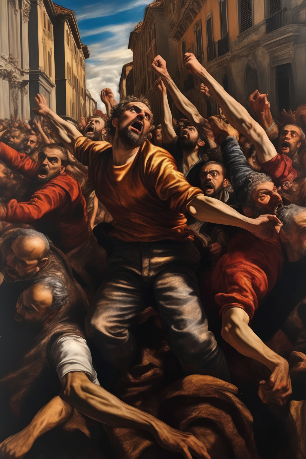 <lora:Tintoretto Style:1>Tintoretto Style - A modern protest in the style of Tintoretto with the demonstrators caught in dynamic, almost theatrical poses, the city streets serving as the backdrop, the colors rich and warm with strong contrasts of light and shadow