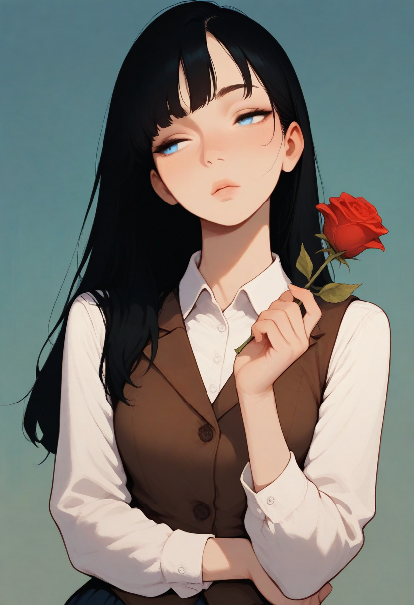 stylized, masterpiece, best quality, very aesthetic, Eleanor \(people's works\), 1girl, solo, facing viewer, looking to the side, hand up, hand on own elbow, holding rose, simple background, looking to the side, upper body