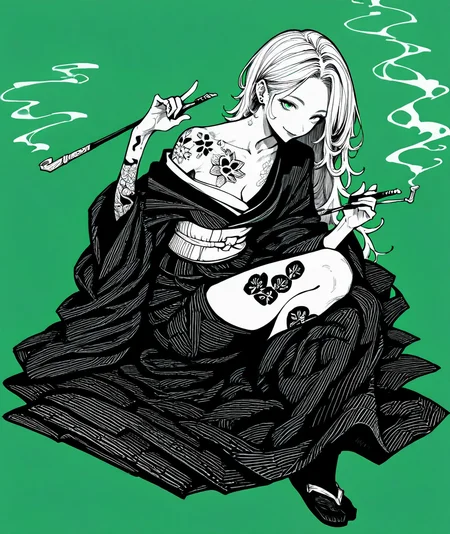 score_9, score_8_up. score_7_up, uncensored, <lora:coffee2hai:1> coffee2hai, score_9, coffee2hai, 1girl, flower tattoo, japanese clothes, cleavage, kimono, green eyes, sitting, breasts, holding smoking pipe, looking at viewer, tabi, green background, socks, earrings, jewelry, simple background, sash, off shoulder, kiseru, obi, smoke, smile, long hair, leg tattoo, monochrome, ear piercing, arm tattoo, shoulder tattoo, greyscale with colored background, spot color, collarbone, full body