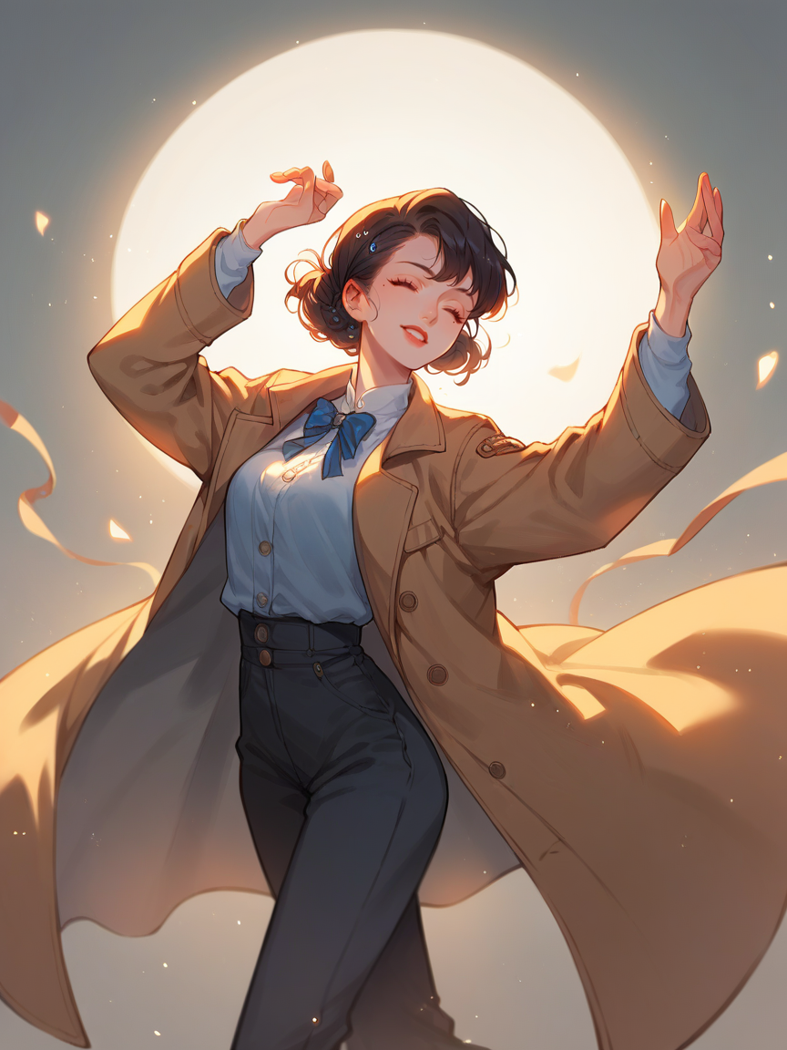source_anime, score_9, score_8_up, score_7_up, score_6_up, score_5_up,  <lora:rdjXLP:1> rdj, bow, light particles, 1girl, mole under eye, coat, dancing,
