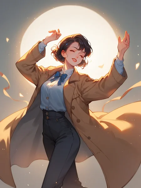 source_anime, score_9, score_8_up, score_7_up, score_6_up, score_5_up,  <lora:rdjXLP:1> rdj, bow, light particles, 1girl, mole under eye, coat, dancing,