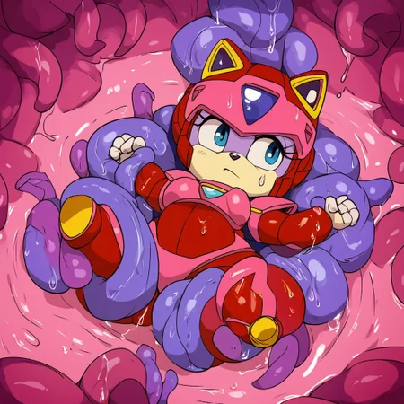 score_9, score_8_up, score_7_up, score_6_up, score_5_up,furry, anthro ,pururun, mecha, furry, medium breasts, wide hips ,thick thighs,2D,wet, sweaty, by joaoppereiraus, small body ,short, shortstack,
 in a tentacle pit, tentacle and flesh background, restrained by tentacles,