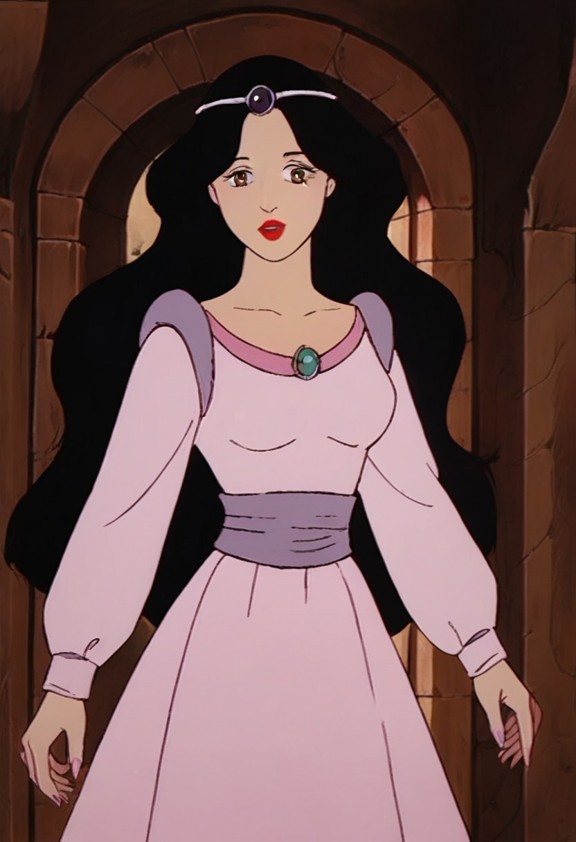 score_9_up, score_8_up, score_7_up, 1980s (style), retro artstyle, source_cartoon, rating_safe 
JetLagSnowWhite, 1girl, black hair, long hair,  lipstick, makeup, red lips, brown eyes, tiara, circlet, jewelry, gem, dress, long sleeves, pink dress, purple dress, white dress,