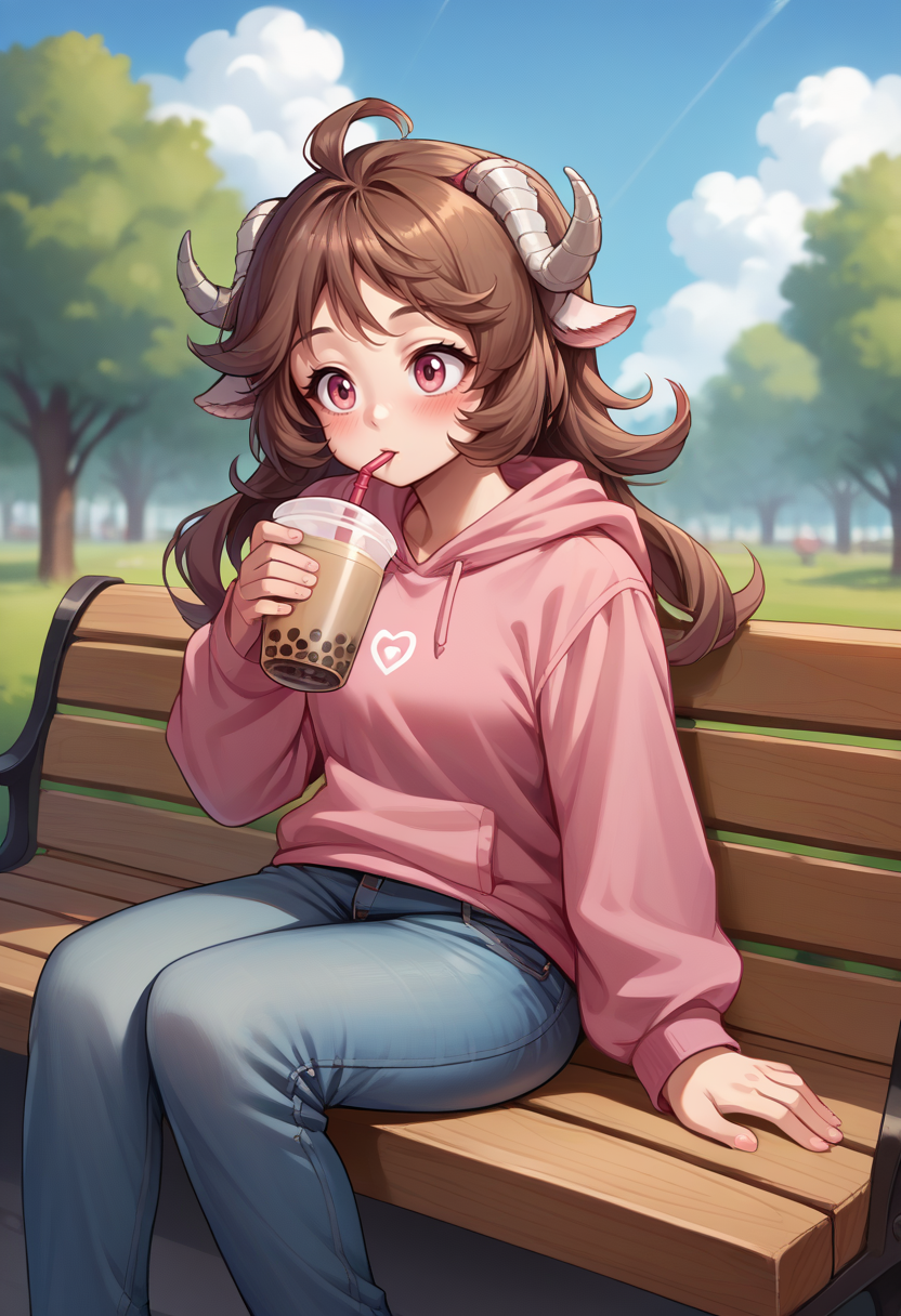 score_9, score_8_up, source_anime, 1girl, solo, Eyjafjalla, curled horns, ahoge, outdoors, sitting, on bench, drinking, sipping, straw, bubble tea, pink hoodie, jeans, happy, ear blush, <lora:ChamPonyXLEyjafjalla:1>
