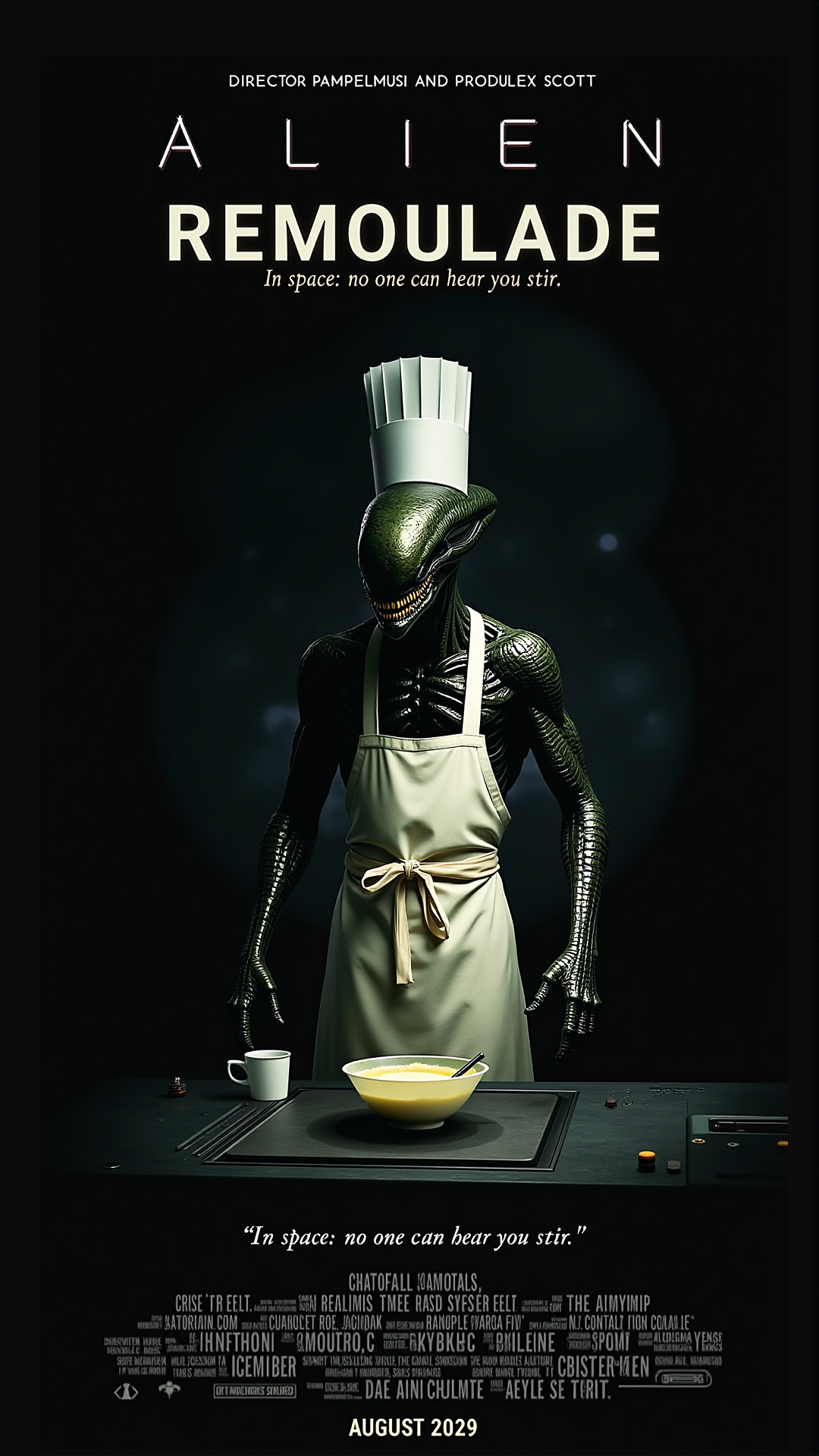 cinematic-style movie poster with the realistic Xenomorph from the Alien franchise. At the top of the poster the text: "Director Pampelmusi and Producer Ripley Scott". The title of the movie:"Alien: Remoulade" should be bold and prominent in large font. the tagline: "In space no one can hear you stir." is bold. The Xenomorph is wearing a chef's apron and a chef's hat. The xenomorph is standing in a spaceship kitchen, with a bowl of remoulade sauce in front of it. At the bottom of the poster, in larger font, display the release date: "AUGUST 2029" and the credits. The overall tone should be slightly humorous, with a mix of sci-fi and absurdity, but still maintaining the iconic dark atmosphere of the Alien franchise.