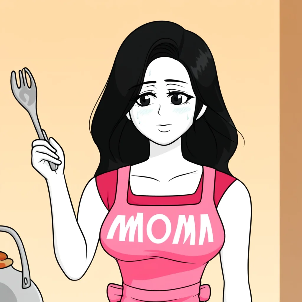 long hair, Pink apron, apron with the word "MOM", 1girl, black eyes, black hair, white skin, solo
