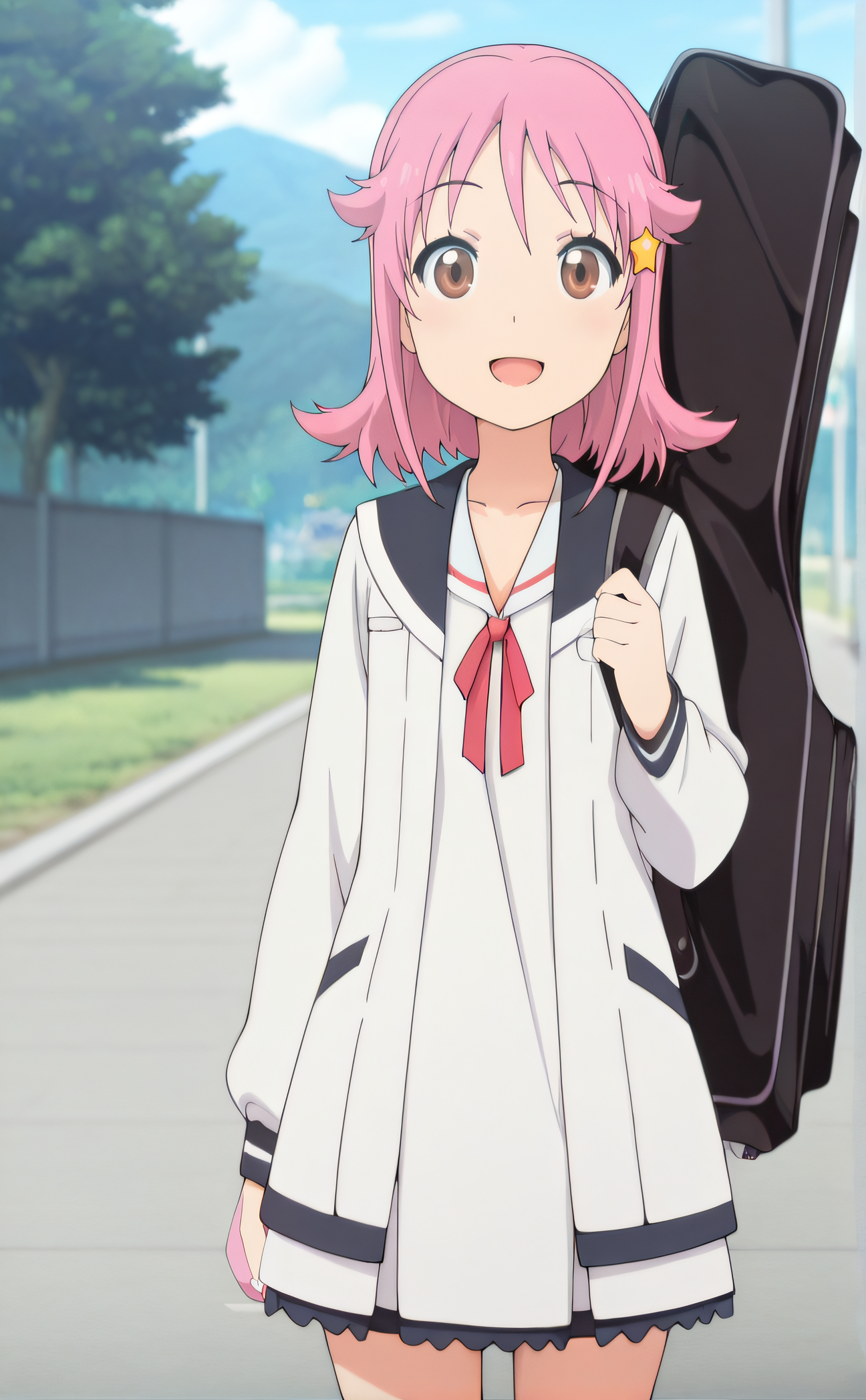 masterpiece, best quality, highres, newest, 1girl, solo, official style, anime screencap, <lora:IL_Subaru:1>, subaru, pink hair, brown eyes, hair_ornament, guitar case, school uniform, open mouth, looking at viewer, smile, outdoor, cowboy shot, scenery