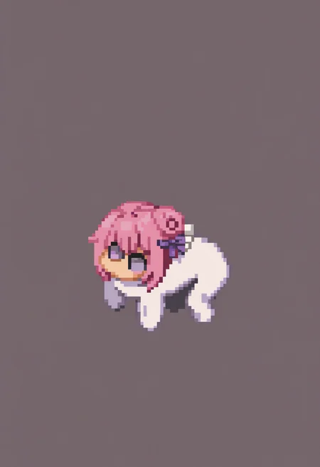 masterpiece, best quality, solo, looking at viewer, <lora:FFT-Sprites-illus_Fp:1>, looking at viewer, from side, full body, standing, solid oval eyes, no mouth, no nose, pixel art, <lora:doro_xypher_ixl_v1:1>, doro, :3, chibi, no pupils, solid circle eyes, white skin, all fours, dorothy \(nikke\), pink hair, purple eyes, single side bun, hair bow, purple ribbon