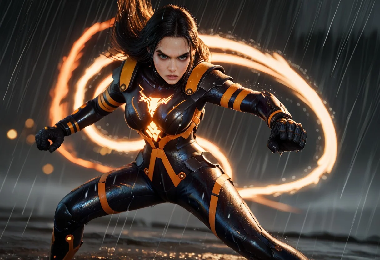 score_9, score_8_up, score_7_up, score_6_up,
stellartachy, 1girl, solo, black hair, black eyes, long hair, (Large black round armored Shoulder pads:1.4), (look at viewer, perfect eyes; 1.5), perfect lips
(orange neon lines), ( black glowing plugsuit:1.3), cyberpunk gloves,
(Wet rain, worm, hurricane: 1.5),
cowboy shot, white background, (epic, movie scene , action scene, fight, colorful, bokeh, god light:1.4), (motion blur, action shot:1.4)