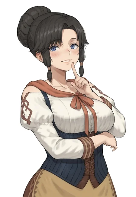 miostout, blue eyes, black hair, single hair bun, hair bun, sidelocks, corset, long sleeves, skirt, big breasts, masterpiece, best quality, very aesthetic, absurdres, highres, (white background), (from side:0.3), smile, blush, looking at viewer, shushing, arm under breasts, upper body,