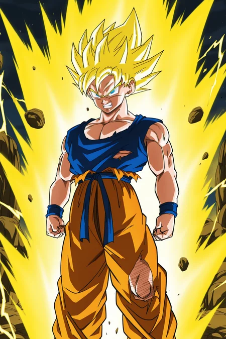 anime screencap, masterpiece, best quality, amazing quality, very aesthetic, absurdres, newest, official style,
son goku, super saiyan, adult, official style, solo, blue eyes, blonde hair, 1boy, male focus, teeth, torn clothes, muscular, muscular male, spiked hair, clenched teeth, rock, electricity, golden aura, blue shirt, sleeveless, blue wristband, blue sash, orange pants, v-shaped eyebrows, v-shaped eyes, arms at sides, floating rock, furious, from above
<lora:SonGoku_IL:0.8>