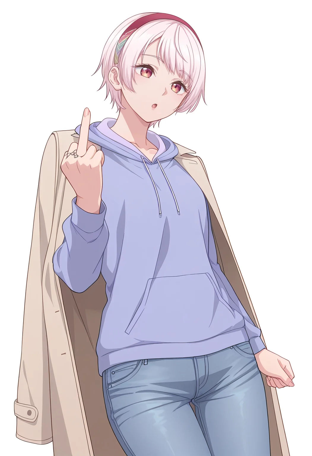 Smooth Quality,masterpiece,beautiful aesthetic, very intricate, high quality details, ultra realistic, high detailed skin,
simple background, white background,
dutch angle,middle finger,:o,
skinny jeans, ,coat, ,Hand chains, <lora:Natsukawa_Renacnn:0.8> rena/cnn, 1girl, short hair,