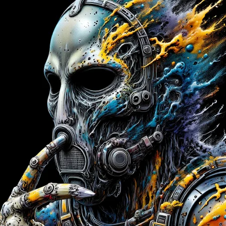 Zombie soldier wearing a biohazard gas mask, black and gold filigree, navy and gold vapor swirls, details in details