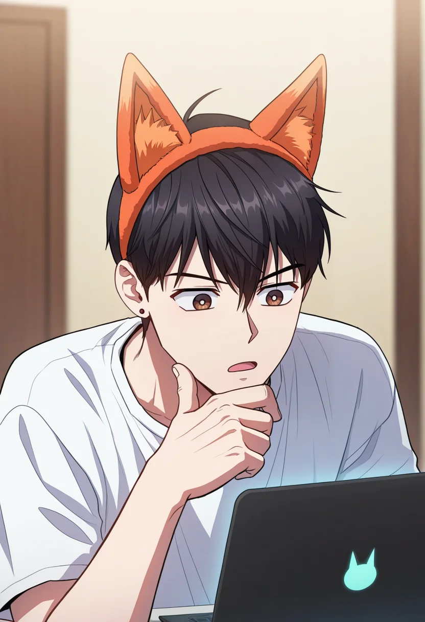 masterpiece, best quality, amazing quality,high resolution, intricate details,official style,depth of field,anime coloring,anime screencap , , , 1boy, solo, male focus, <lora:han_yoojin:0.80>,han yoojin,black hair,short hair,brown eyes,stud earring,open mouth, shirt, holding, animal ears,orange ears, jewelry, white shirt, upper body, earrings, hairband,fox ears,fake animal ears,t-shirt,hand on own chin, laptop, looking at object, tablet pc, thinking