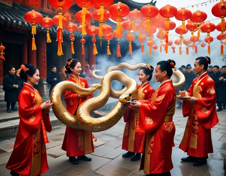 In the magic of the Chinese New Year 2025, the Year of the Snake emerges in splendor. The streets are adorned with golden streamers, symbols of wisdom and renewal. Dancers in shimmering costumes weave to the beat of drums, while incense fills the air. Families exchange red envelopes, hoping for luck and prosperity, celebrating a radiant future together