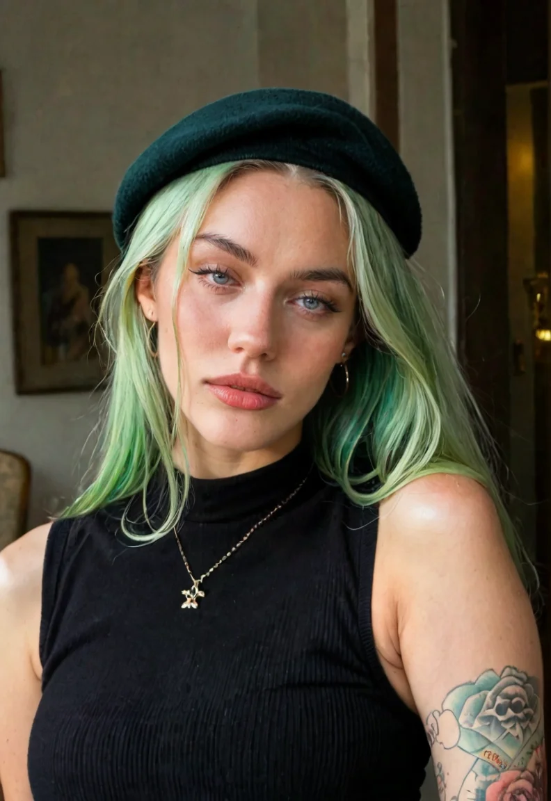 score_9,score_8_up,score_7_up BREAK 1girl,hipster,wool beret,sweater,neon green hair,vest,tattoos,highly detailed,detailed skin,depth of field,film grain,<lora:igbaddie-PN:0.8>.igbaddie