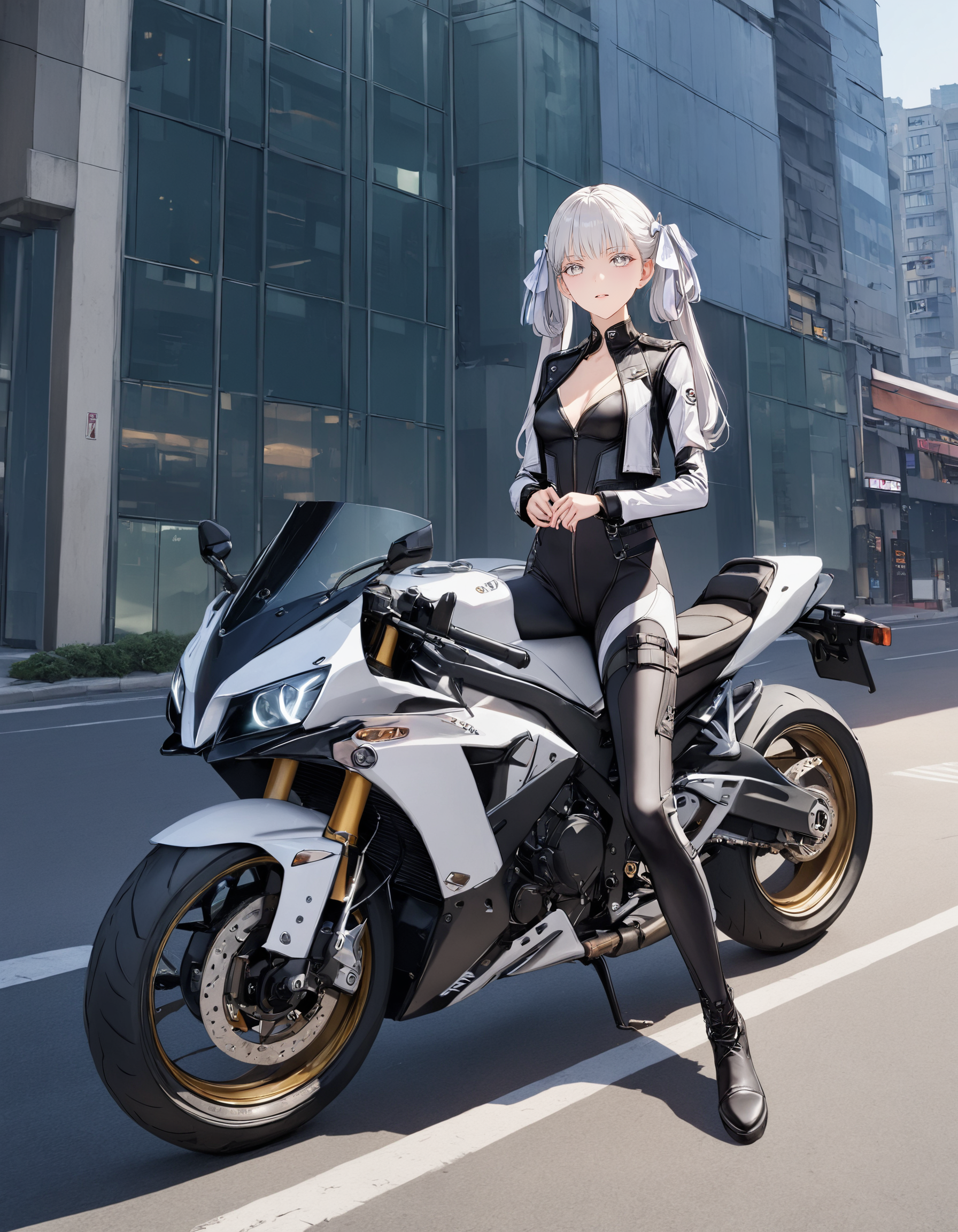 masterpiece, best quality, 8K, very aesthetic, HDR, natural lighting, volumetric lighting, intricate details, highly detailed, 1girl, biker outfit, black-and-white clothing, biker suit, jacket, white hair, twintails, white eyelashes, white eyes, lifelike female body, perfect female body shape, narrow waist, sitting on a motorcycle, full body, city, <lora:Jinhsi_V1.11:0.7>
