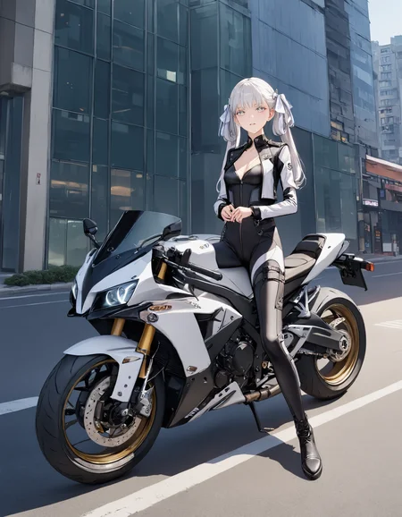 masterpiece, best quality, 8K, very aesthetic, HDR, natural lighting, volumetric lighting, intricate details, highly detailed, 1girl, biker outfit, black-and-white clothing, biker suit, jacket, white hair, twintails, white eyelashes, white eyes, lifelike female body, perfect female body shape, narrow waist, sitting on a motorcycle, full body, city, <lora:Jinhsi_V1.11:0.7>