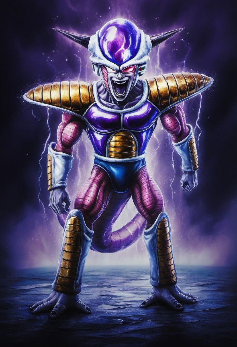 (best quality, masterpiece, detailed, highly detailed face) of a haunting scene with Freezer Armor Smile  in a battle . Emphasize atmosphere, high contrast, and interplay of shadow and light, colorful