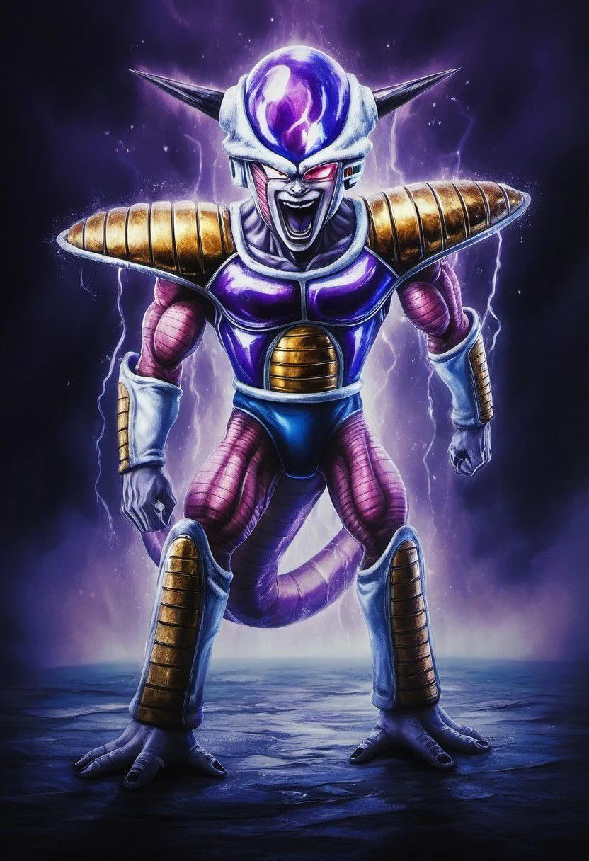 (best quality, masterpiece, detailed, highly detailed face) of a haunting scene with Freezer Armor Smile in a battle . Emphasize atmosphere, high contrast, and interplay of shadow and light, colorful