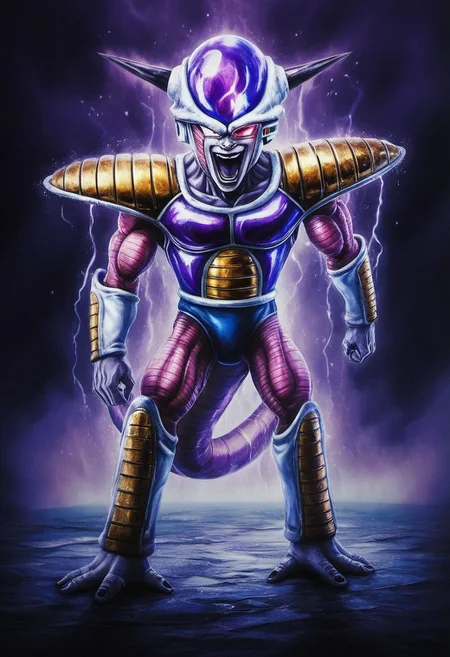 (best quality, masterpiece, detailed, highly detailed face) of a haunting scene with Freezer Armor Smile in a battle . Emphasize atmosphere, high contrast, and interplay of shadow and light, colorful