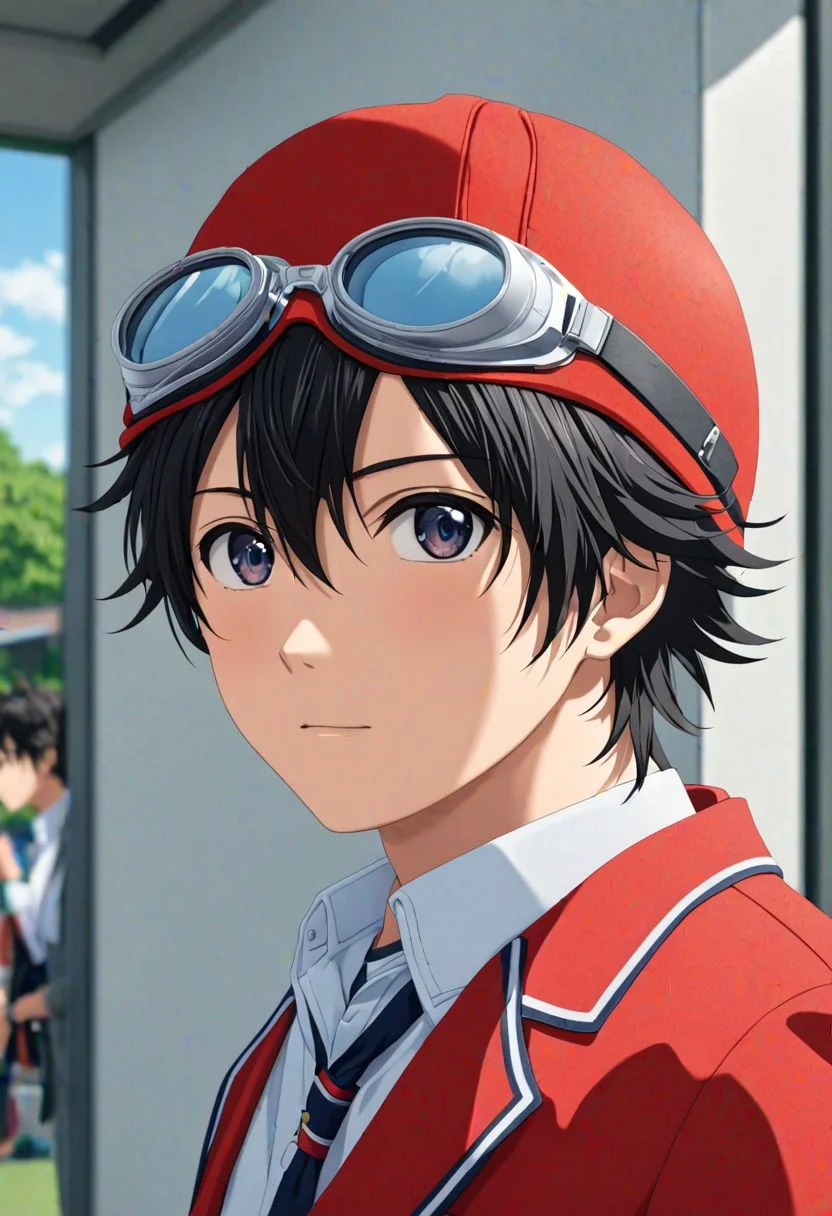 (4k), extremely detailed, hyper detailed, high resolution, professional photography, best quality, candid photo, 1boy, solo, male focus, easynegative, Yuusuke Fujisaki, Red Hat, Black Hair, school uniform, looking at viewer, candid photo, goggles