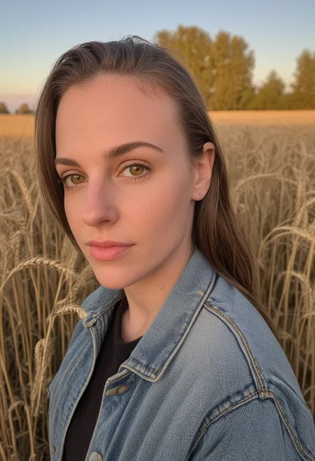 30yo american woman in a wheat field
Small eyes. Brown eyes.
Wearing ripped Denim jacket
no makeup. Clear skin. realistic skin style
Long dark black slick back hair. No makeup. Dusk, Street light. Looking at camera POV. Slight smile, tilting head.. Tilt head. Hands in head, face, lips.
Medium Close Up shot. Bokeh. Bokeh light. Sunset. yellow, purple sky.