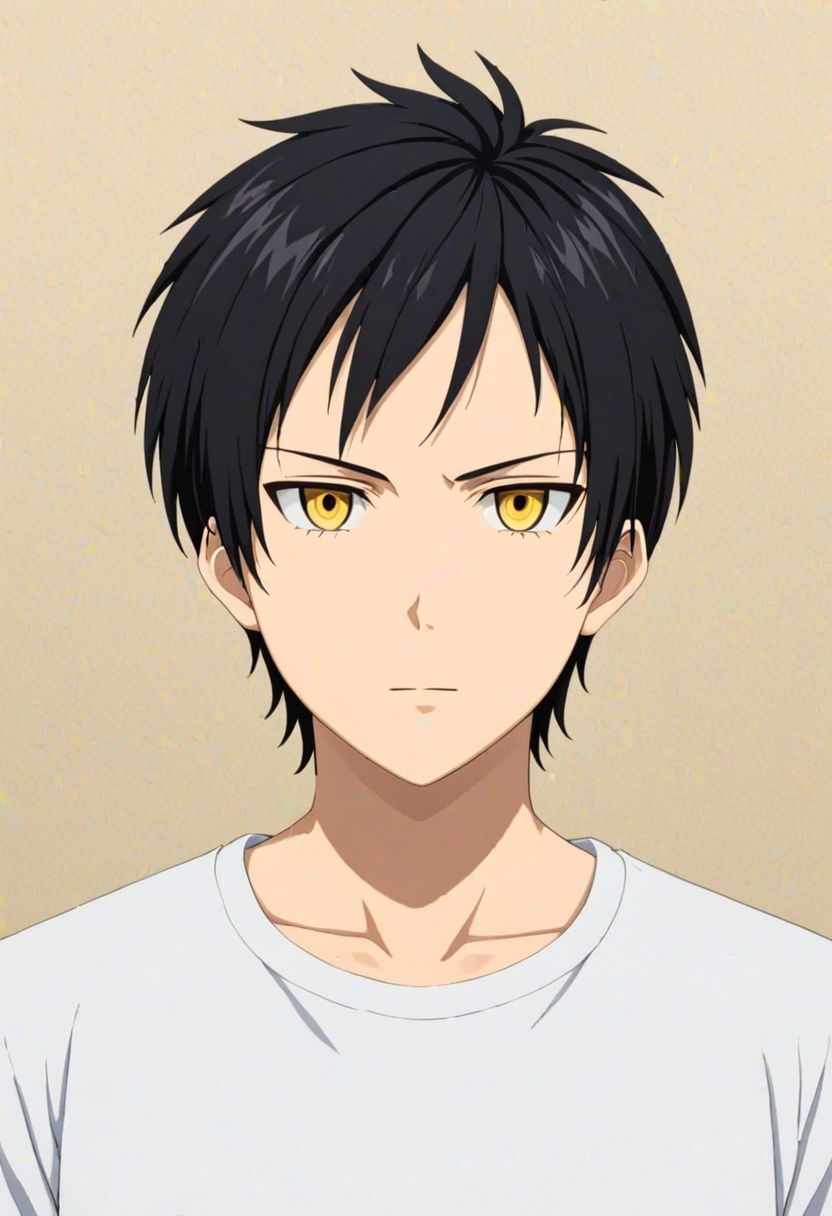Sasuke Tsubaki, Yellow Eye,  masterpiece, best quality, (1boy), solo, male focus, photography, High definition, Black hair, 4K, shirt, Solid COlor Background, passport_photo_style