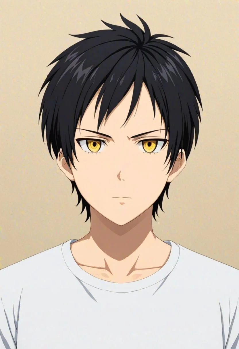 Sasuke Tsubaki, Yellow Eye, masterpiece, best quality, (1boy), solo, male focus, photography, High definition, Black hair, 4K, shirt, Solid COlor Background, passport_photo_style
