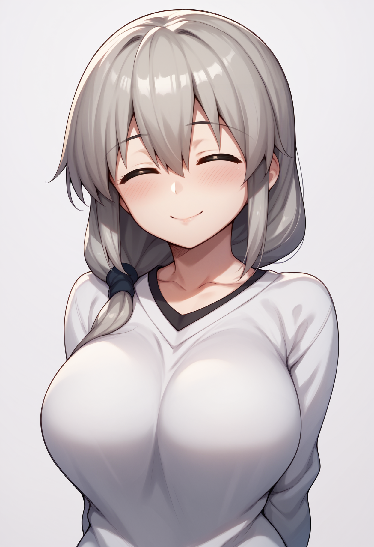 score_9, score_8_up, score_7_up, score_6_up, score_5_up, score_4_up, BREAK,
1girl, uzakitsuki, grey hair, hair over shoulder, hair between eyes, closed eyes, mature female, large breasts,
white sweater, v-neck,
smile, blush
arms behind back, solo, upper body, looking at viewer, simple background, white background    <lora:UzakiTsukiXL:1>