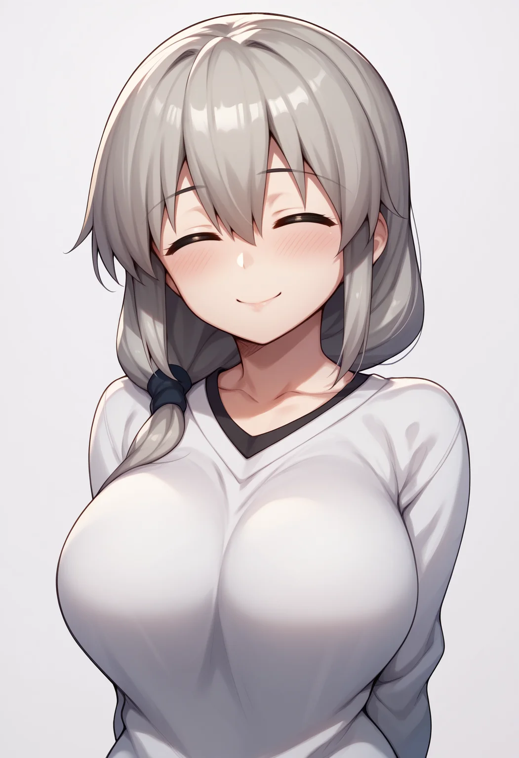 score_9, score_8_up, score_7_up, score_6_up, score_5_up, score_4_up, BREAK,
1girl, uzakitsuki, grey hair, hair over shoulder, hair between eyes, closed eyes, mature female, large breasts,
white sweater, v-neck,
smile, blush
arms behind back, solo, upper body, looking at viewer, simple background, white background <lora:UzakiTsukiXL:1>