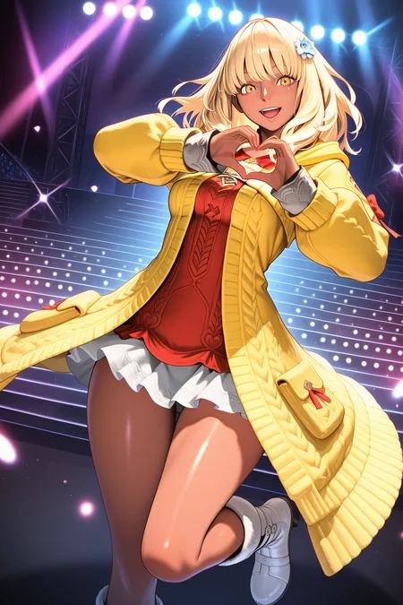 masterpiece, best quality, amazing quality, absurdres, honeyhyune, blonde hair, yellow coat, red shirt, white boots, dark skin, dark-skinned female, solo, smile, open mouth, heart hands, looking at viewer, medium breasts, outdoors, stage, stage lights, bright colors, vibrant colors