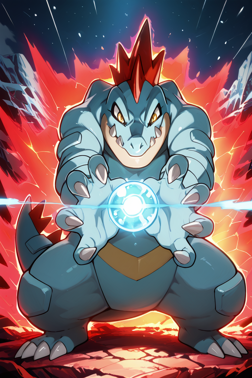 masterpiece, best quality,   zzferaligatr, claws, yellow eyes, sharp teeth, standing atop a frozen glacier, icy breath visible in the cold air, cracks spreading through the ice beneath its weight, northern lights glowing in the sky, imposing and majestic stance,  (charging energy, energy ball,  ,dynamic pose, huge claws, incoming attack, foreshortening, dynamism, motions lines, red aura, serious),  ,<lora:FeraligatrPokedexIXL:1.0>,  <lora:DBSBroly_Style_IXL_v2:0.8> <lora:IckpotIXL_v1:0.6>,