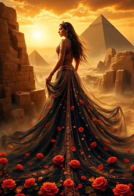 masterpiece, highly detailed, Egypt, female pharaoh, beautiful girl, in a lush dress of black and gold flowers, with a long floral train ascends the pyramid, petals, sunset, extremely detailed, vivid colors, snstsplndrCE style, Egyptian dark fantasy, Egyptian mythology style, aidmamj6.1,