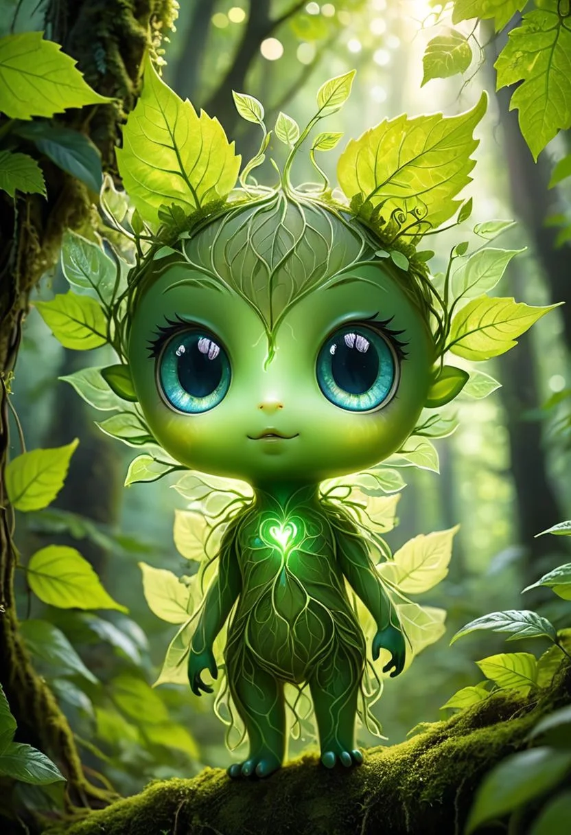 macro shot of a glowing forest cute spirit, leafy appendages outlined with veins of light, eyes a deep, enigmatic glow amidst the foliage, close up, hi detailed , translucency, semitransparency