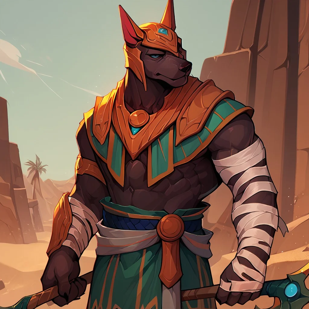 Score_9, score_8_up, score_7_up, score_6_up, desert background, Nasus, solo, 1boy, helmet, bandages, axe, holding axe, gauntlets, loincloth, bara, <lora:Nasus-000019:1.0>