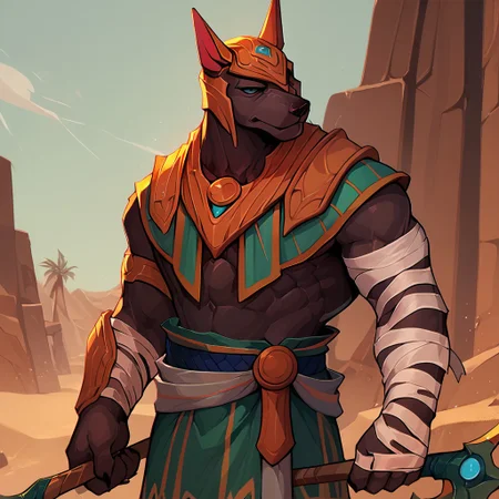Score_9, score_8_up, score_7_up,  score_6_up, desert background, Nasus, solo, 1boy, helmet, bandages, axe, holding axe, gauntlets, loincloth, bara,  <lora:Nasus-000019:1.0>