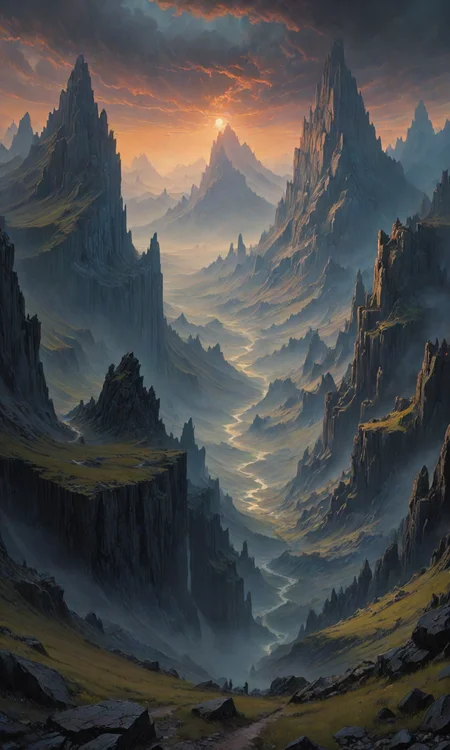The most amazing dream fantasy landscape with mountains as far as the eye can see, oil painting by ZdzisÅaw BeksiÅski and Wayne Barlowe 4k detail post processing epic composition trending on Artstation cinematic concept art unreal engine HD 8K detail concept art sharp focus matte painting digital painting cgsociety artstation illustration cgsociety <lora:Fast:0.69>