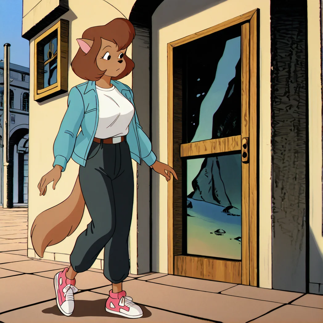 (masterpiece), (best quality), (ultra-detailed), amazing quality, very aesthetic, illustration, perfect composition, intricate details, absurdres, incredibly absurdres, 
 <lora:Abby_Sinian_illustrious:1>, abbysinian, 1girl, solo, brown fur, body fur, furry female, brown hair, short hair, cat ears, cat girl, breasts, black eyes, tail, outdoors, wearing jean jacket, black pants, sneakers, white shirt, open jacket, retro artstyle, official style,