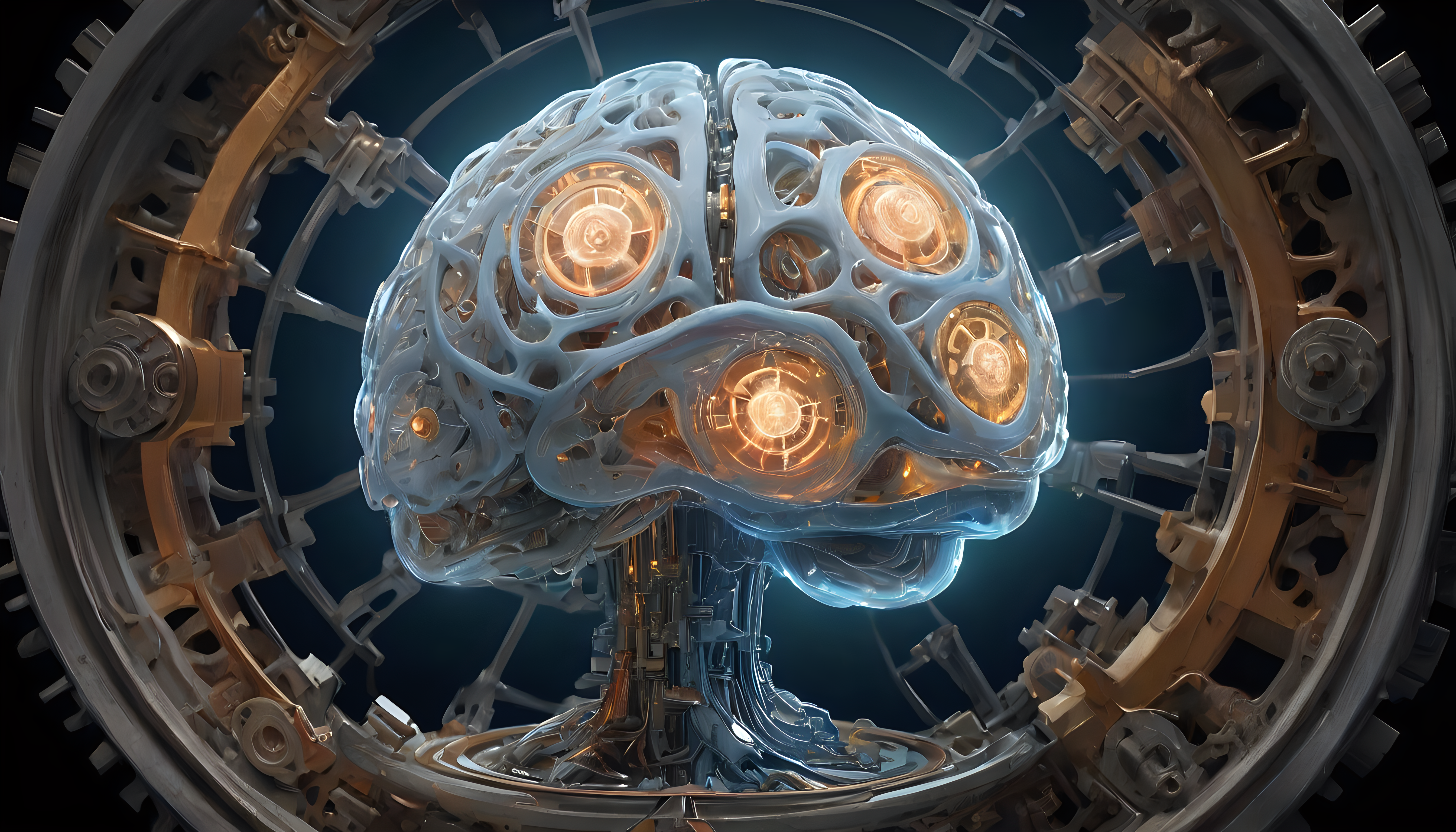 "Illuminated Thought Process", glowing brain center stage, surrounded by intricate moving gears, interconnected mechanisms, Nikon D850, studio lighting with a hint of blue, photorealistic style.