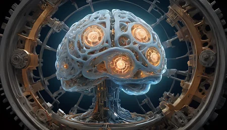 "Illuminated Thought Process", glowing brain center stage, surrounded by intricate moving gears, interconnected mechanisms, Nikon D850, studio lighting with a hint of blue, photorealistic style.