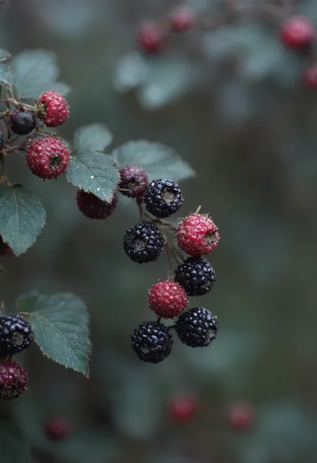Draconian, Wild berry bush, hyper detailed, Winter, Bokeh, Grim, Glitchcore, F/1.8, Low Contrast, Ektachrome, Romantic, Realism, flat lighting, gilded technique, DOF, bokeh Douglas Bourgeois, involved in a project