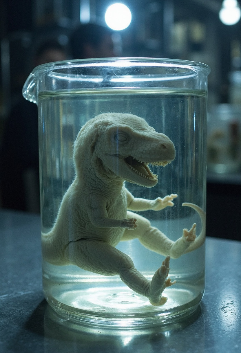 photograph of wet sample of a t-rex embryo in a beaker of clear liquid, looking very fresh, floating in fetal position. Tender skin grey scales, large head, small torso, very small claws, tail curled up, milky eyes, very detailed, creepy atmosphere, harsh bright light in a modern hi-teck laboratory <lora:wet_sample-000129:1>