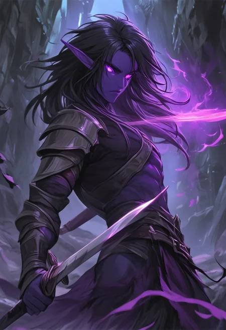 dark elf warrior, glowing purple eyes, black hair, sword