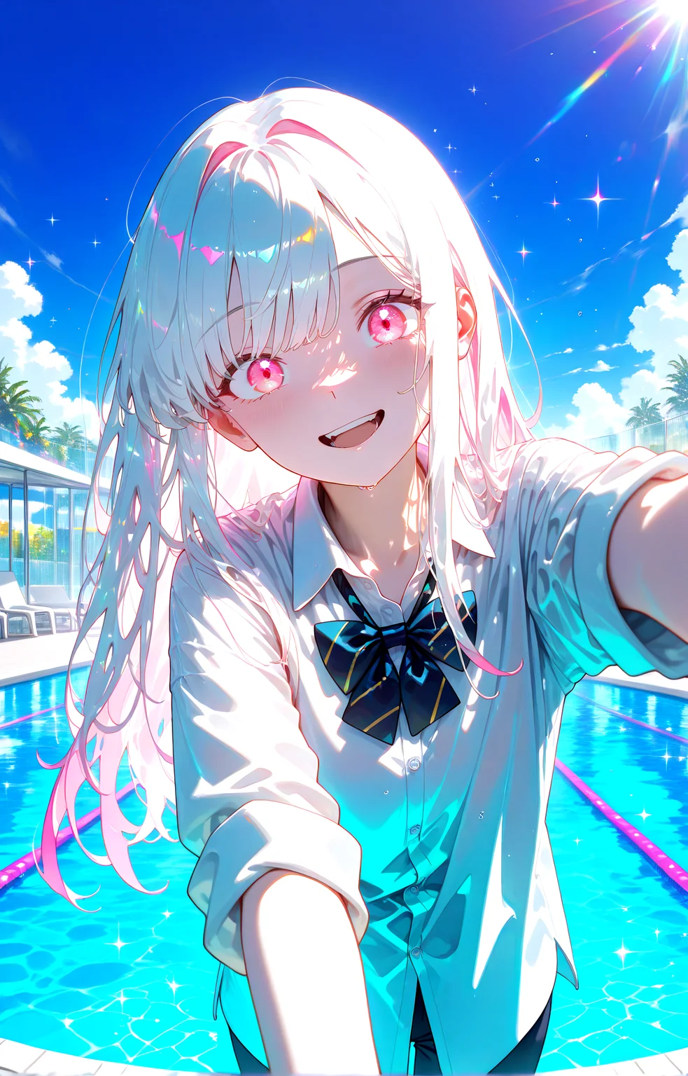 masterpiece, best quality, amazing quality, very aesthetic, absurdres, newest,
blue sky cloud poolside,green_fense,abstract background,fusion of liquid abstract art and glitch,colorful,sparkle,sunlight,
1girl,long hair,facelight,shirt,bowtie white hair , pink eyes, open mouth smile pov
standing, (from front:1.5) very close-up (upper body:0.71) (reaching towards viewer,:1.5)
looking_at_viewer,
{{best_quality}},{{amazing_quality,very_aesthetic}},
masterpiece, best quality, amazing quality, very aesthetic, absurdres, newest, volumetric lighting,<lora:spo_sdxl_10ep_4k-data_lora_webui:1> <lora:KonyaKarasue-Lokr-NOOBEPS110:1> <lora:holographiccolor:0.75> <lora:USNR STYLE_XL_loha:0.15> <lora:xmc_v0.3_noobai_cwhj:0.815> <lora:VenetianLightingILL:0.75>