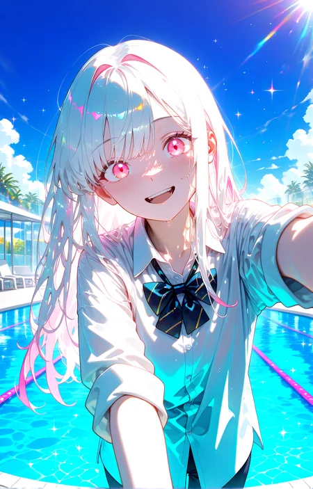 masterpiece, best quality, amazing quality, very aesthetic, absurdres, newest,
blue sky cloud poolside,green_fense,abstract background,fusion of liquid abstract art and glitch,colorful,sparkle,sunlight,
1girl,long hair,facelight,shirt,bowtie white hair , pink eyes, open mouth smile pov
standing, (from front:1.5) very close-up (upper body:0.71) (reaching towards viewer,:1.5)
looking_at_viewer,
{{best_quality}},{{amazing_quality,very_aesthetic}},
masterpiece, best quality, amazing quality, very aesthetic, absurdres, newest, volumetric lighting,<lora:spo_sdxl_10ep_4k-data_lora_webui:1> <lora:KonyaKarasue-Lokr-NOOBEPS110:1> <lora:holographiccolor:0.75> <lora:USNR STYLE_XL_loha:0.15> <lora:xmc_v0.3_noobai_cwhj:0.815> <lora:VenetianLightingILL:0.75>