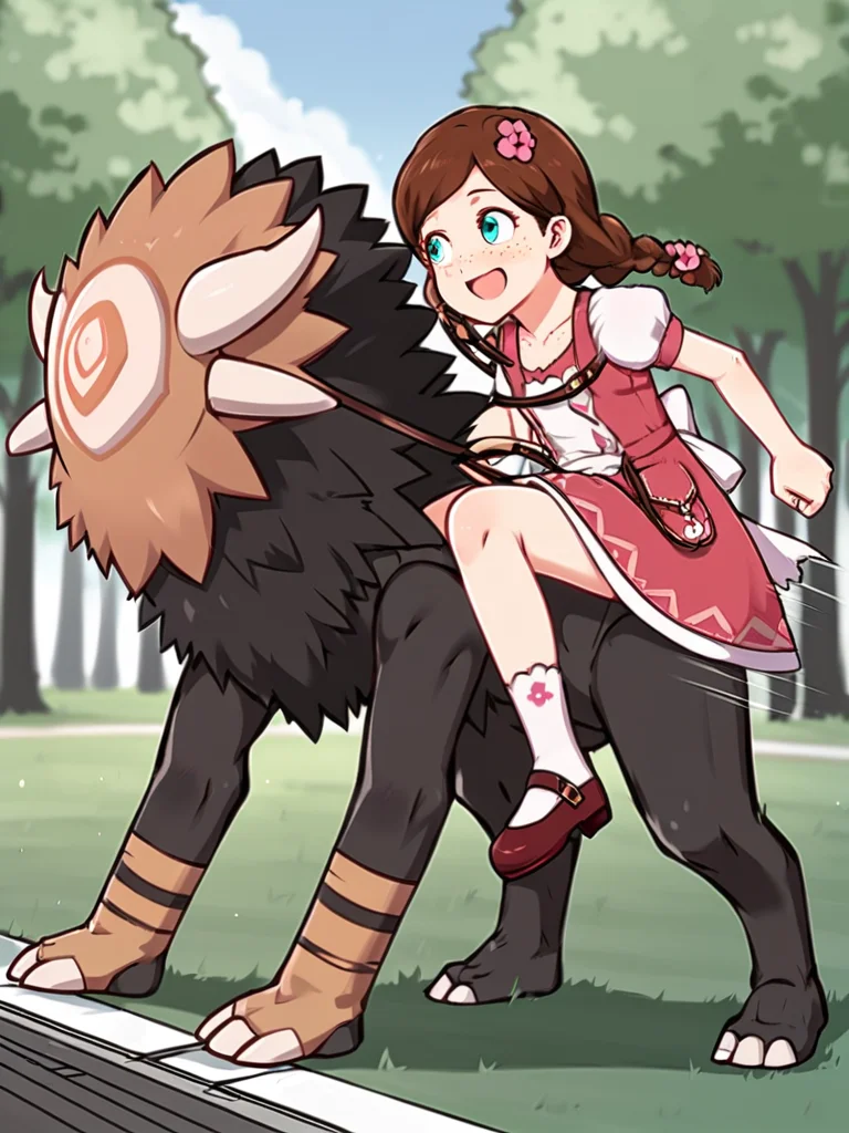 score_9, score_8_up, score_7_up, source_anime BREAK
<lora:Genshin_NPC_EllaMusk_Pony_v1:0.8>, 1girl, 1boy, solo, full body, (park, grass, trees, sitting on park bench together:1.3), (hilichurl:1.8), (wearing loincloth, teal eyes, brown hair, swept bangs, twin braids, (hair flower:1), collarbone, pink dress, flower pattern, short sleeves, white sleeves, (white apron:1.1), puffy sleeves, white socks, bobby socks, brown footwear, (mary janes:1.5), (freckles on cheeks and nose:1.3), (tareme:1.5), smiling, happy, from side, (riding a hilichurl:1.8), open mouth, (running:1.5), (racing, speed lines:1.5), from below, (saddle, holding reins:1.5)