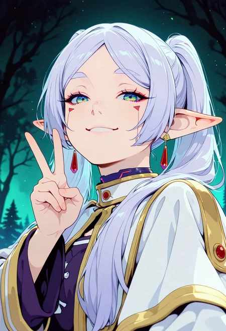 <lora:ck-shadow-circuit-IL:0.78>,
masterpiece, best quality, good quality, very aesthetic, absurdres, newest, 8K, depth of field, focused subject,
 close up, stylized, teals and magenta,Frieren,smiling, peace sign, wabi sabi, 1girl, enchanted forest, looking at viewer, dynamic angle, from below, from side, relaxing
<lora:MoriiMee_Gothic_Niji_Style_Illustrious_r1:0.45>
<lora:ck-nc-cyberpunk-IL-000011:0.4>
<lora:ck-neon-retrowave-IL:0.8>